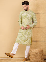 Ethnic Bay Men Olive Viscose Rayon Geometric Embroidered Straight Kurta with Trouser-MKSET1041