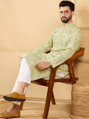 Ethnic Bay Men Olive Viscose Rayon Geometric Embroidered Straight Kurta with Trouser-MKSET1041