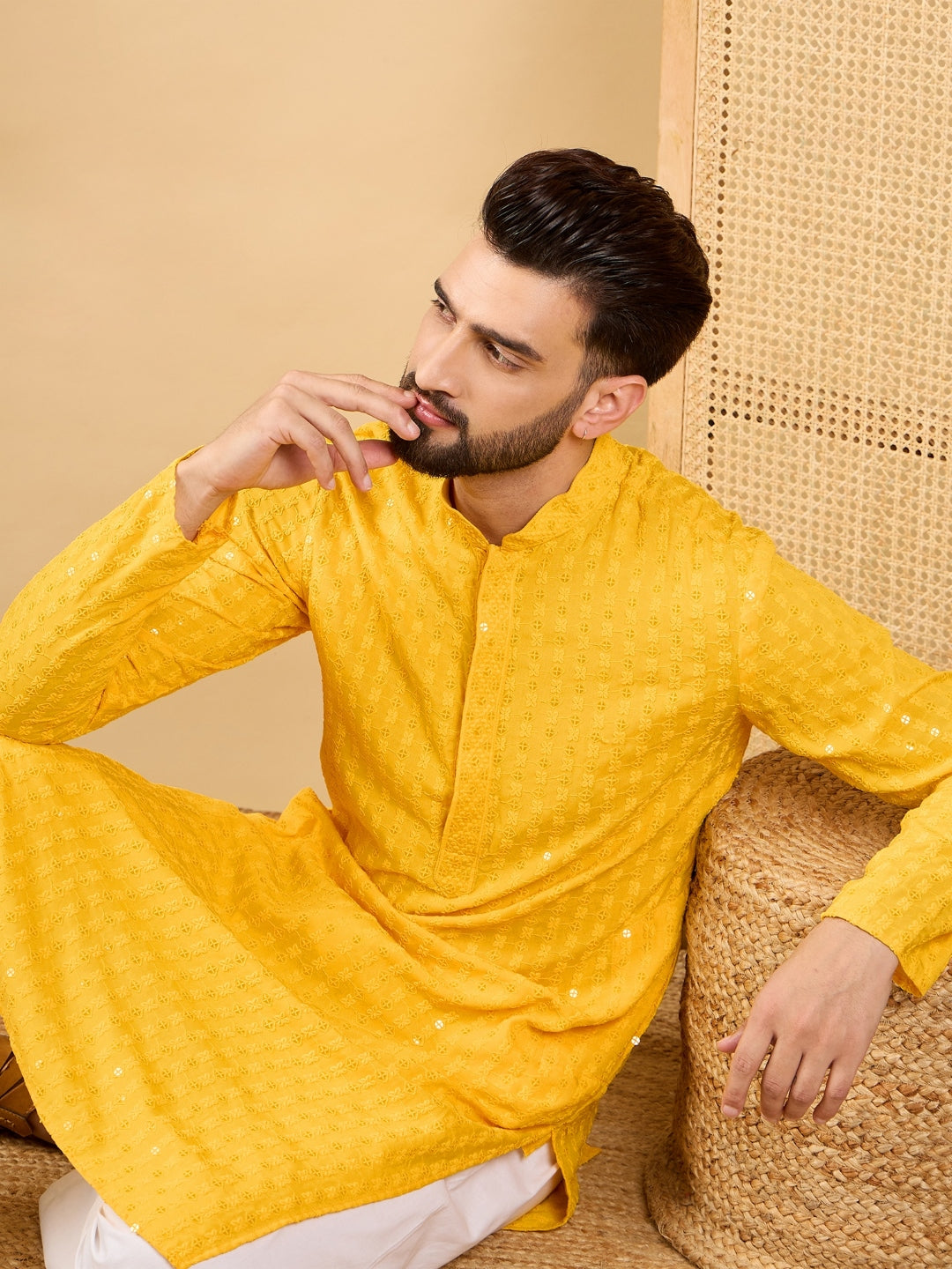 Ethnic Bay Men Yellow Viscose Rayon Solid Embroidered Straight Kurta with Trousers-MKSET1048