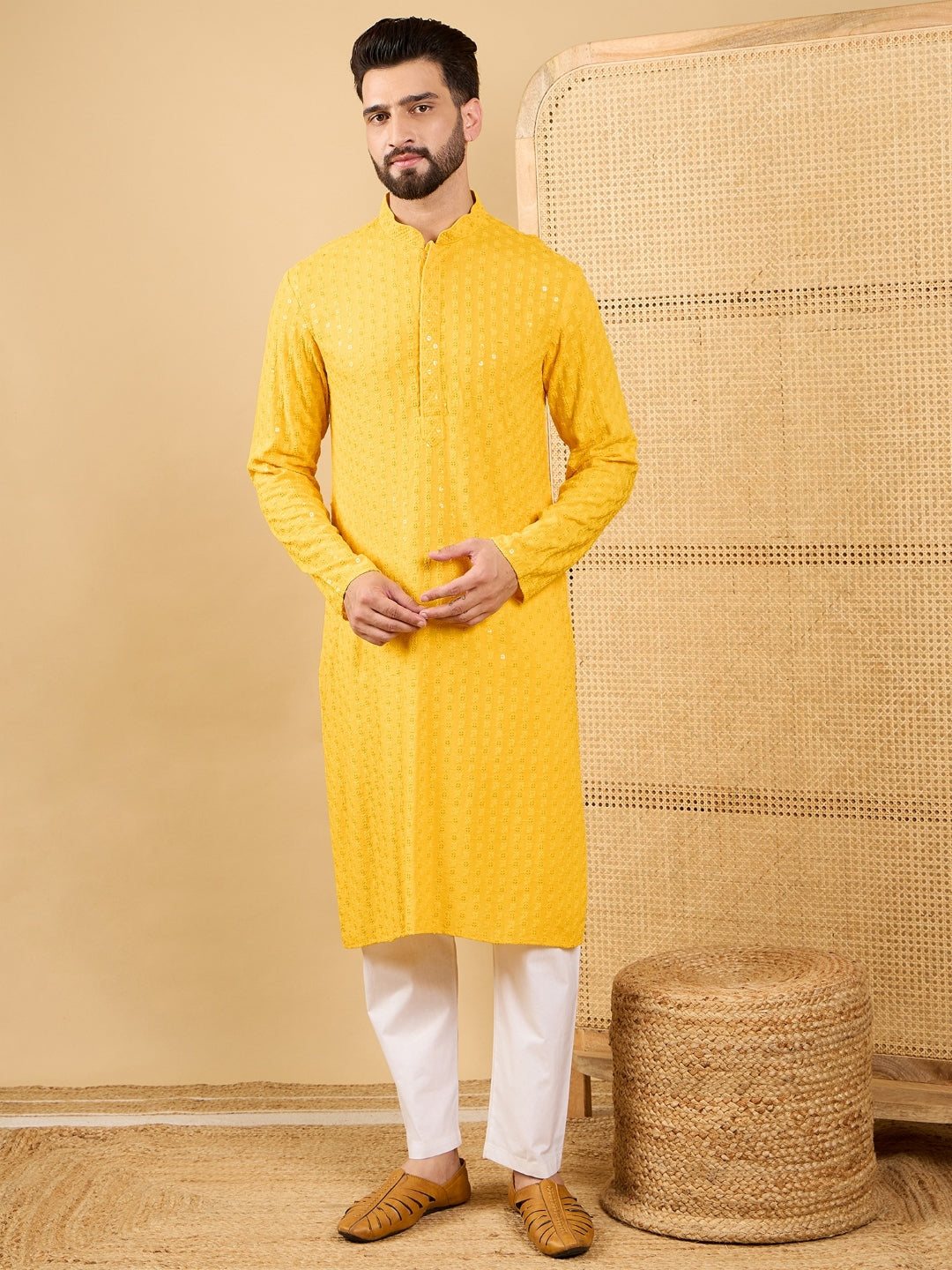 Ethnic Bay Men Yellow Viscose Rayon Solid Embroidered Straight Kurta with Trousers-MKSET1048
