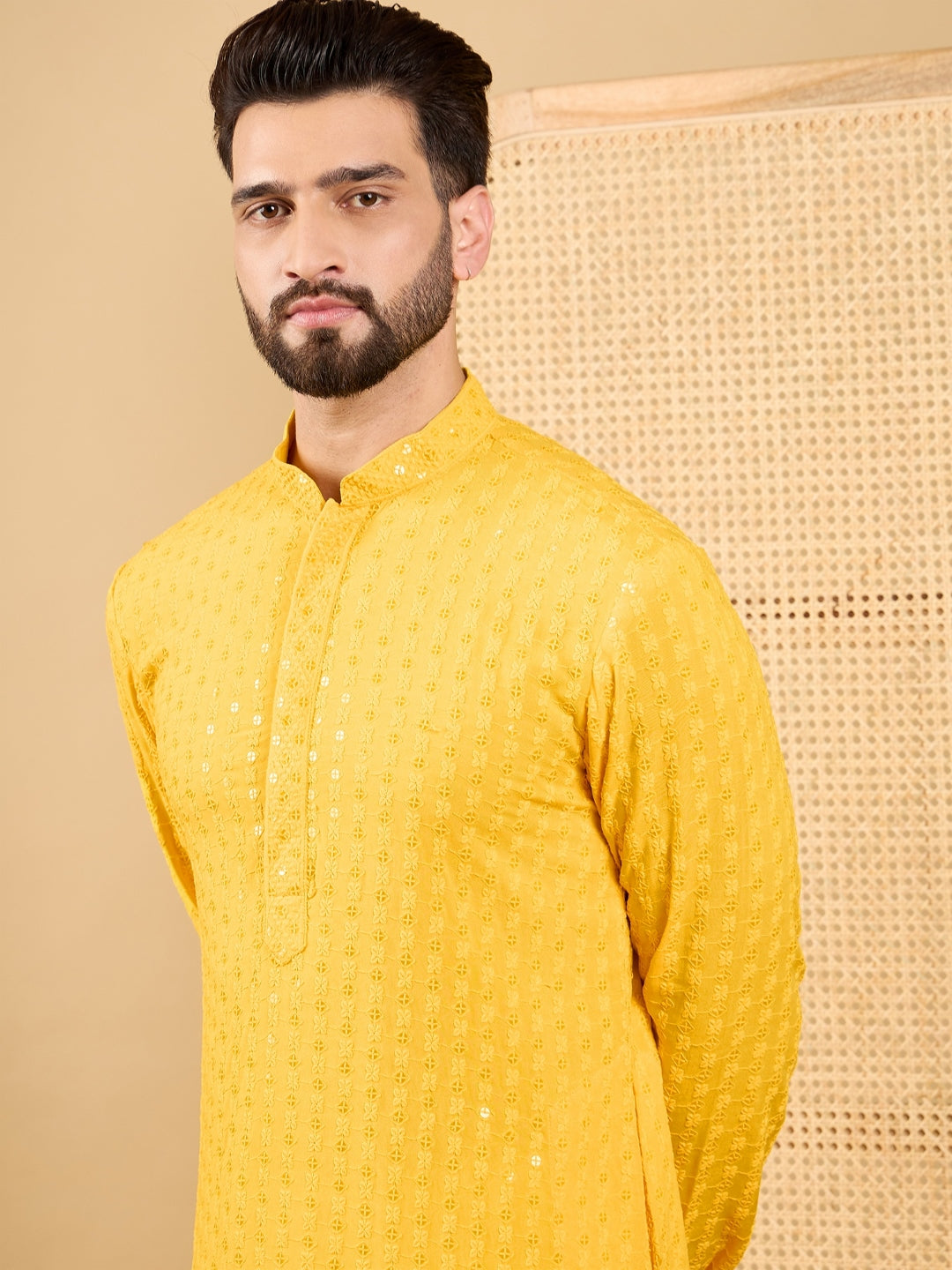 Ethnic Bay Men Yellow Viscose Rayon Solid Embroidered Straight Kurta with Trousers-MKSET1048