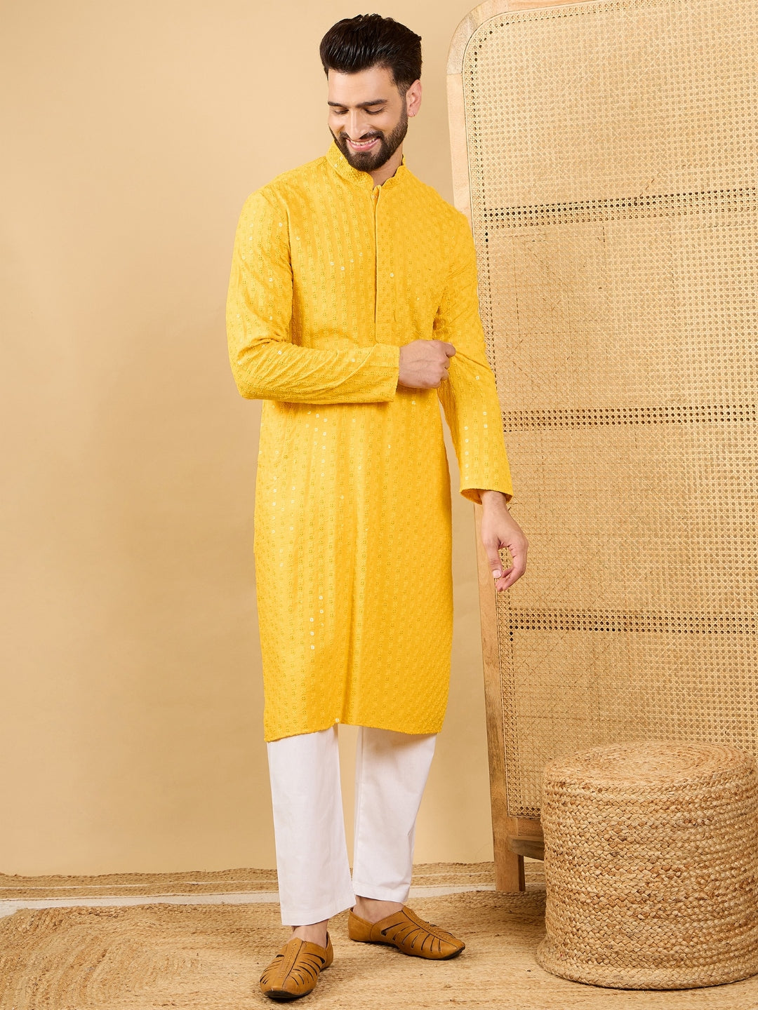 Ethnic Bay Men Yellow Viscose Rayon Solid Embroidered Straight Kurta with Trousers-MKSET1048