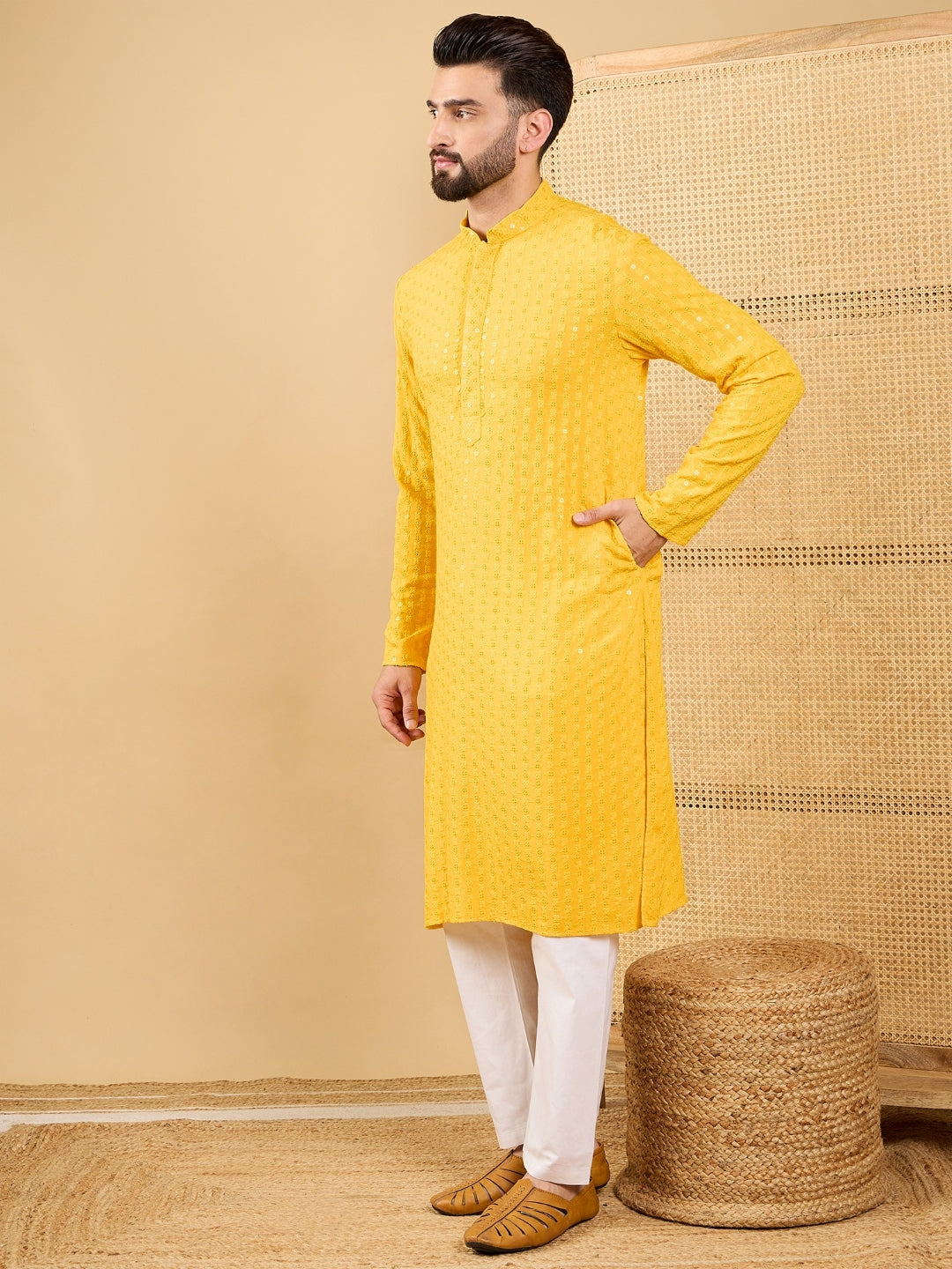 Ethnic Bay Men Yellow Viscose Rayon Solid Embroidered Straight Kurta with Trousers-MKSET1048