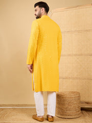 Ethnic Bay Men Yellow Viscose Rayon Solid Embroidered Straight Kurta with Trousers-MKSET1048