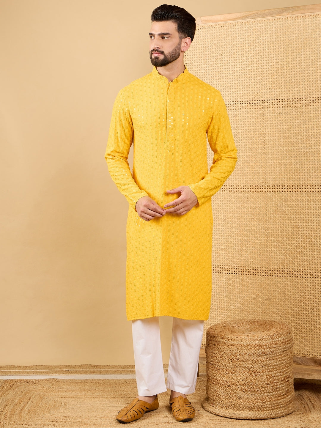 Ethnic Bay Men Yellow Viscose Rayon Solid Embroidered Straight Kurta with Trousers-MKSET1048