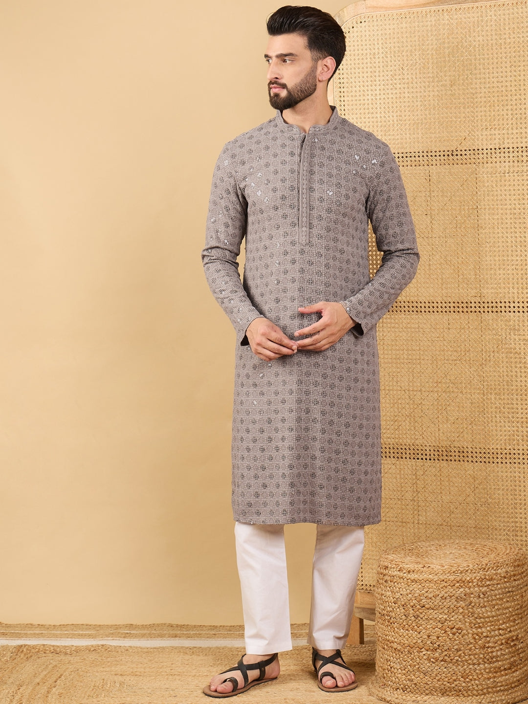 Ethnic Bay Men Grey Viscose Rayon Solid Embroidered Straight Kurta with Trouser-MKSET1049