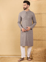 Ethnic Bay Men Grey Viscose Rayon Solid Embroidered Straight Kurta with Trouser-MKSET1049