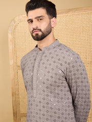 Ethnic Bay Men Grey Viscose Rayon Solid Embroidered Straight Kurta with Trouser-MKSET1049