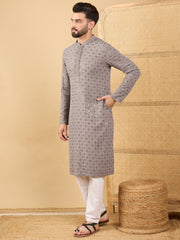 Ethnic Bay Men Grey Viscose Rayon Solid Embroidered Straight Kurta with Trouser-MKSET1049
