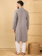 Ethnic Bay Men Grey Viscose Rayon Solid Embroidered Straight Kurta with Trouser-MKSET1049