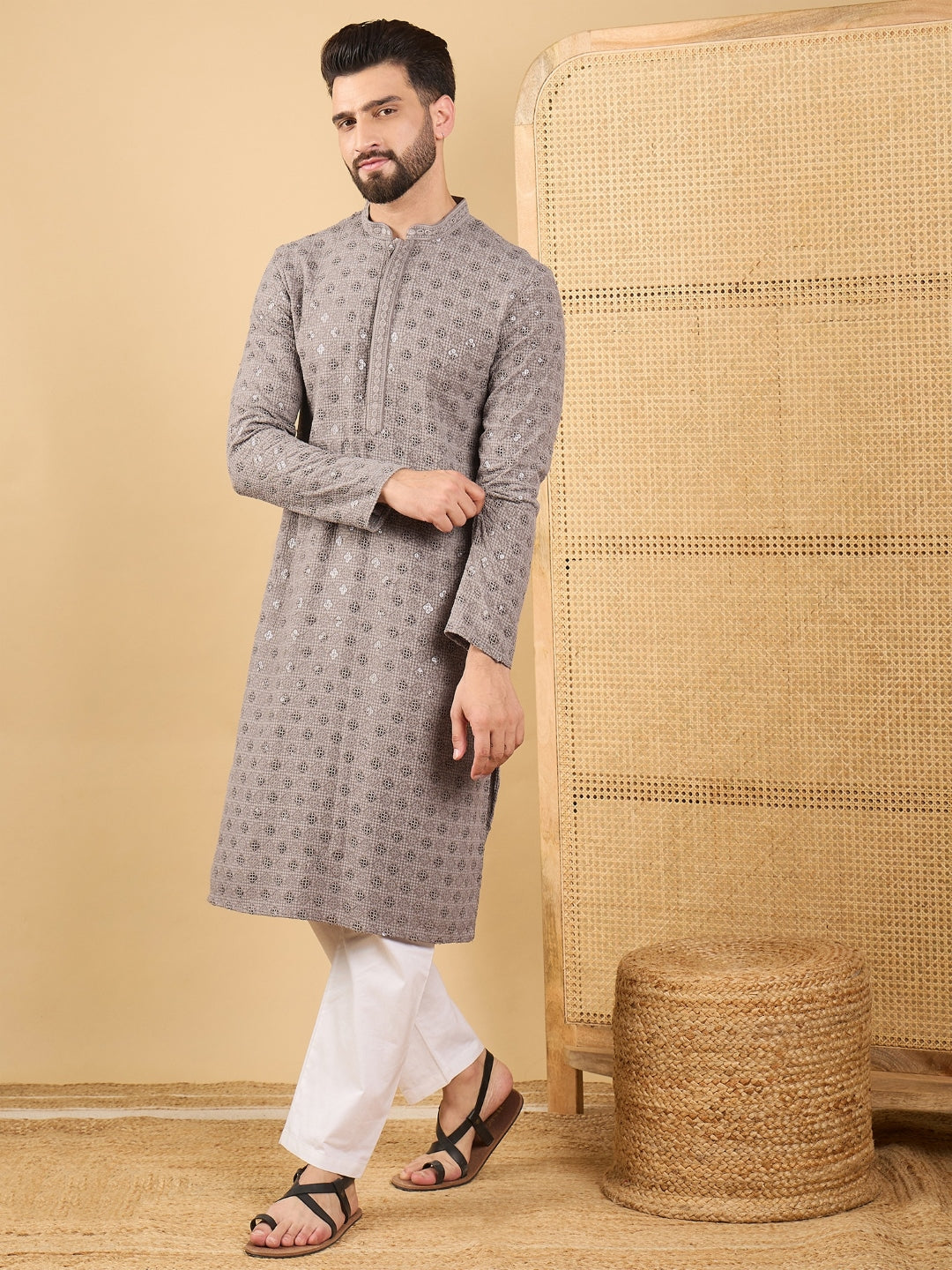 Ethnic Bay Men Grey Viscose Rayon Solid Embroidered Straight Kurta with Trouser-MKSET1049