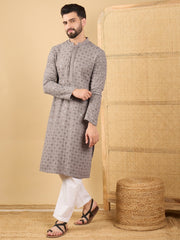 Ethnic Bay Men Grey Viscose Rayon Solid Embroidered Straight Kurta with Trouser-MKSET1049