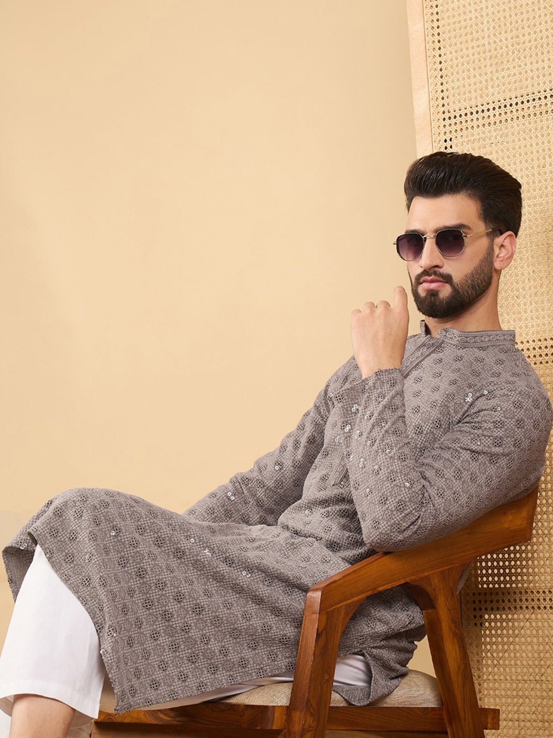 Ethnic Bay Men Grey Viscose Rayon Solid Embroidered Straight Kurta with Trouser-MKSET1049