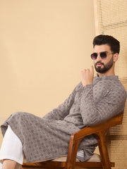 Ethnic Bay Men Grey Viscose Rayon Solid Embroidered Straight Kurta with Trouser-MKSET1049