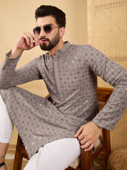 Ethnic Bay Men Grey Viscose Rayon Solid Embroidered Straight Kurta with Trouser-MKSET1049