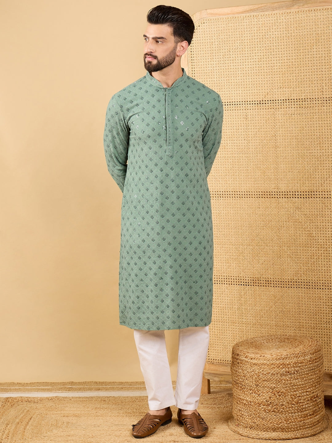 Ethnic Bay Men Green Viscose Rayon Solid Embroidered Straight Kurta with Trousers-MKSET1050