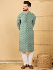 Ethnic Bay Men Green Viscose Rayon Solid Embroidered Straight Kurta with Trousers-MKSET1050