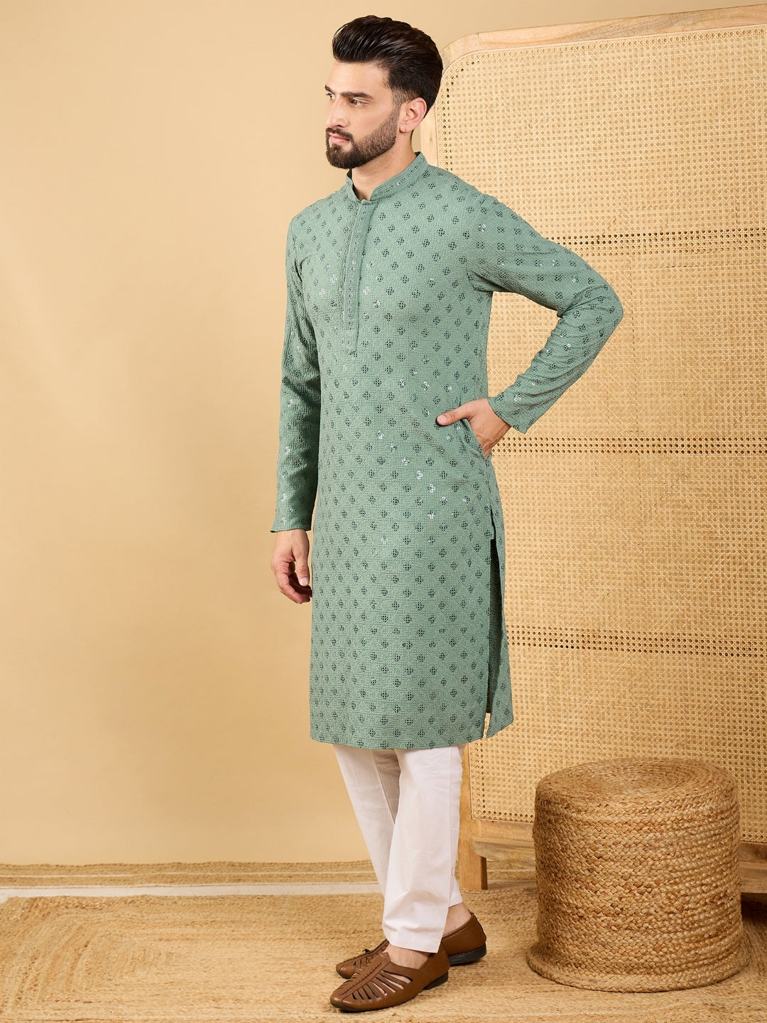 Ethnic Bay Men Green Viscose Rayon Solid Embroidered Straight Kurta with Trousers-MKSET1050