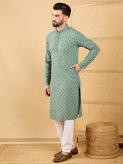 Ethnic Bay Men Green Viscose Rayon Solid Embroidered Straight Kurta with Trousers-MKSET1050
