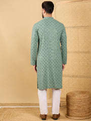 Ethnic Bay Men Green Viscose Rayon Solid Embroidered Straight Kurta with Trousers-MKSET1050