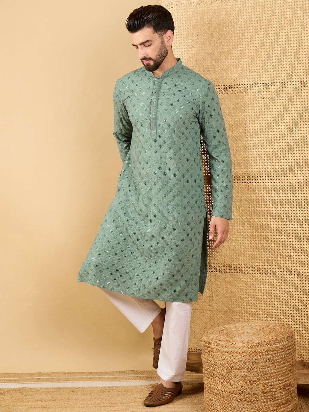 Ethnic Bay Men Green Viscose Rayon Solid Embroidered Straight Kurta with Trousers-MKSET1050