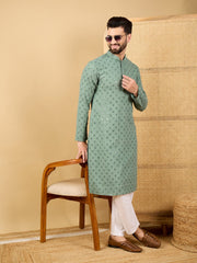 Ethnic Bay Men Green Viscose Rayon Solid Embroidered Straight Kurta with Trousers-MKSET1050