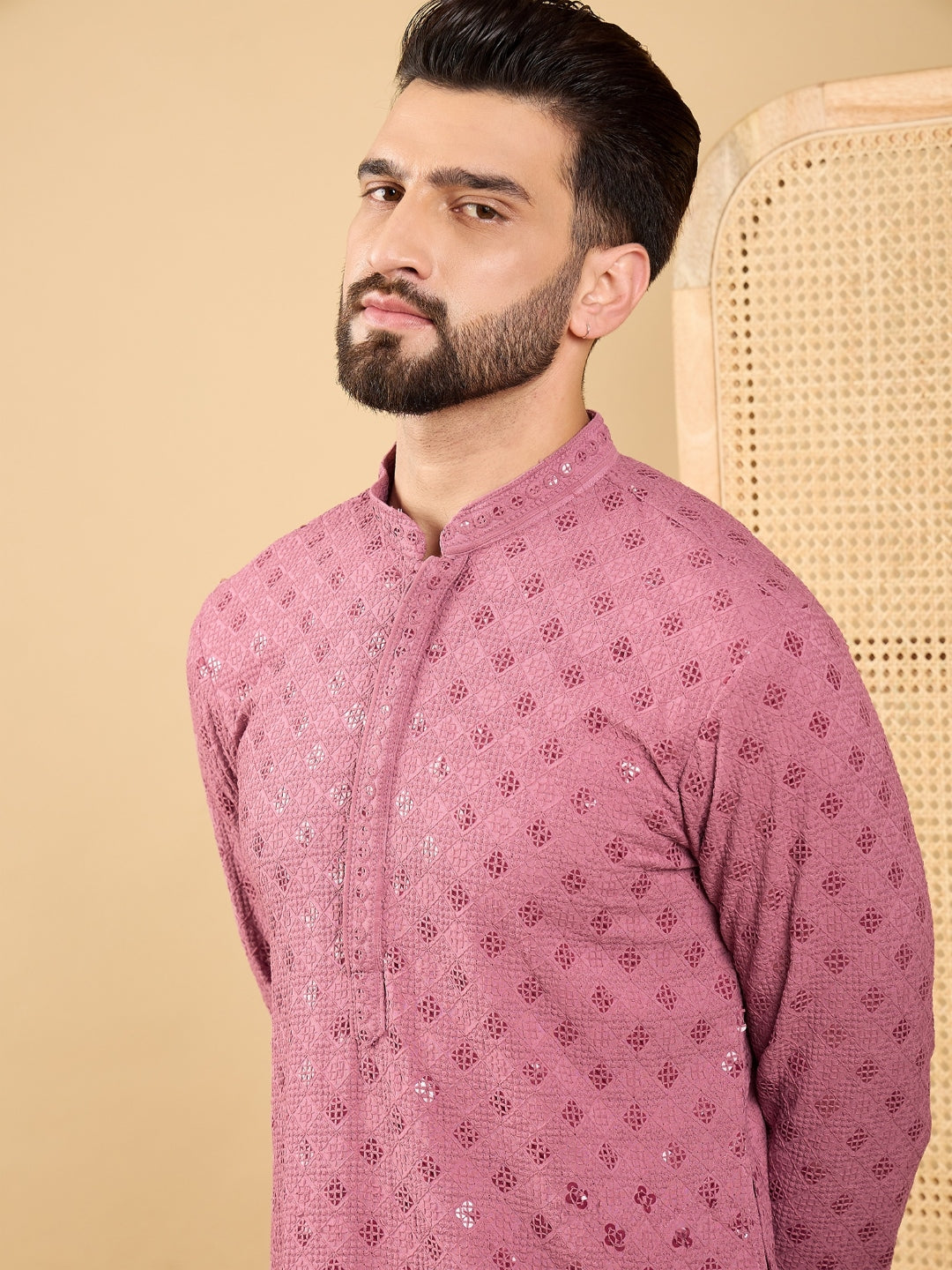 Ethnic Bay Men Mauve Viscose Rayon Solid Embroidered Straight Kurta with Trousers-MKSET1051