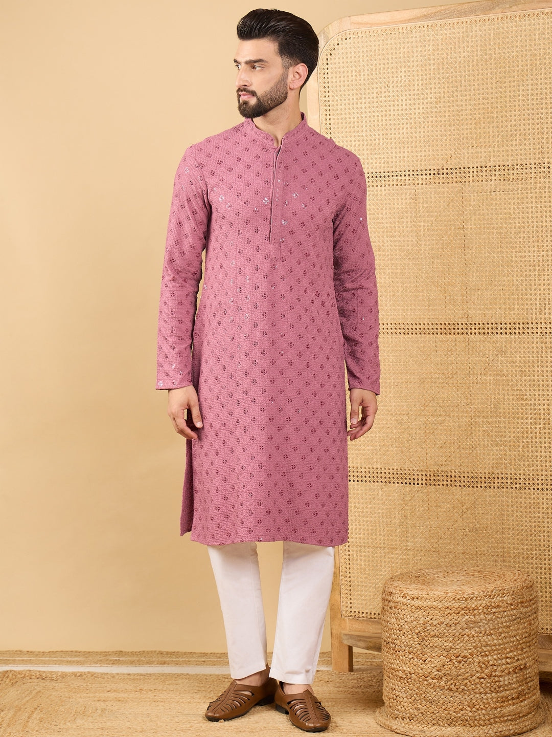 Ethnic Bay Men Mauve Viscose Rayon Solid Embroidered Straight Kurta with Trousers-MKSET1051