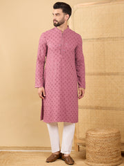 Ethnic Bay Men Mauve Viscose Rayon Solid Embroidered Straight Kurta with Trousers-MKSET1051