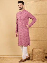 Ethnic Bay Men Mauve Viscose Rayon Solid Embroidered Straight Kurta with Trousers-MKSET1051