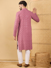 Ethnic Bay Men Mauve Viscose Rayon Solid Embroidered Straight Kurta with Trousers-MKSET1051