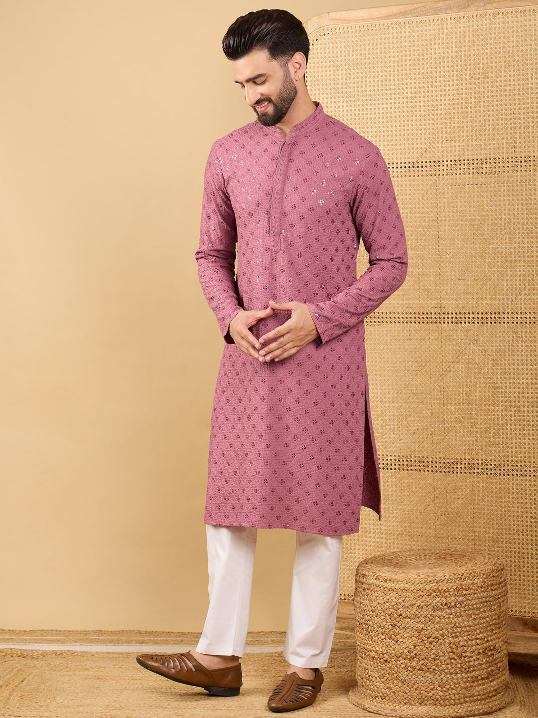 Ethnic Bay Men Mauve Viscose Rayon Solid Embroidered Straight Kurta with Trousers-MKSET1051