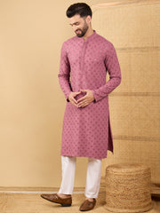 Ethnic Bay Men Mauve Viscose Rayon Solid Embroidered Straight Kurta with Trousers-MKSET1051