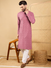 Ethnic Bay Men Mauve Viscose Rayon Solid Embroidered Straight Kurta with Trousers-MKSET1051