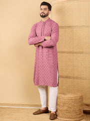 Ethnic Bay Men Mauve Viscose Rayon Solid Embroidered Straight Kurta with Trousers-MKSET1051