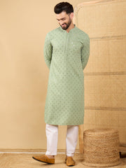 Ethnic Bay Men Green Viscose Rayon Solid Embroidered Straight Kurta with Trouser-MKSET1053