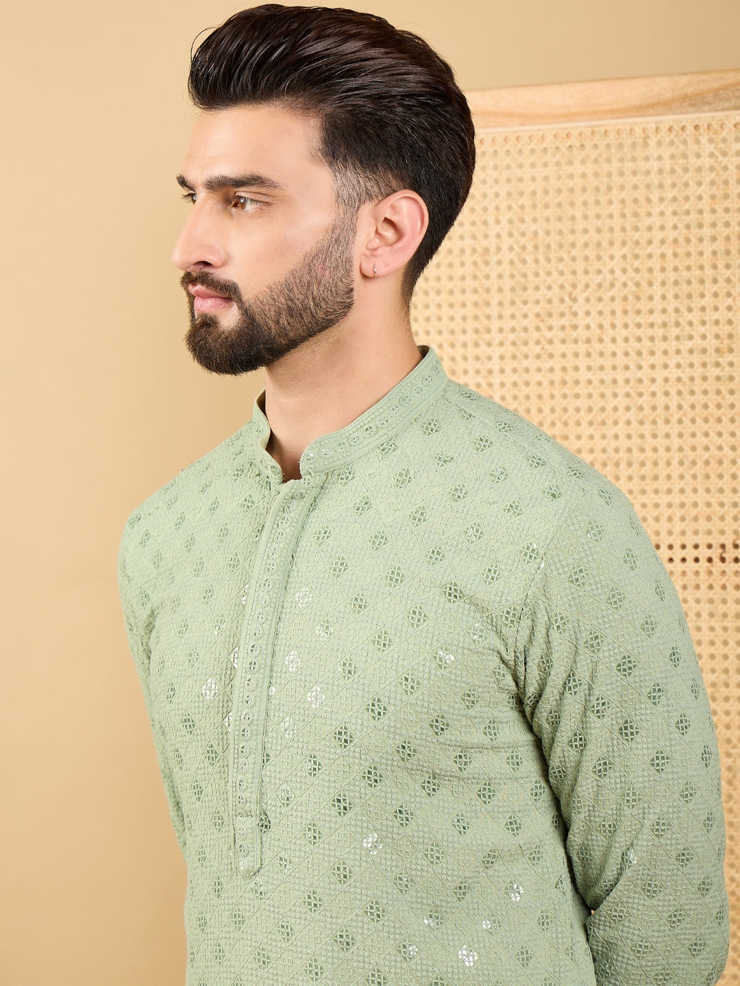 Ethnic Bay Men Green Viscose Rayon Solid Embroidered Straight Kurta with Trouser-MKSET1053
