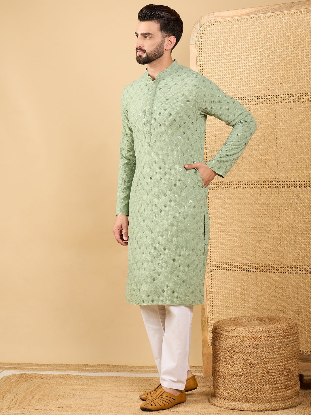 Ethnic Bay Men Green Viscose Rayon Solid Embroidered Straight Kurta with Trouser-MKSET1053
