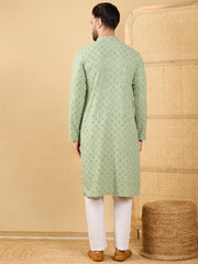Ethnic Bay Men Green Viscose Rayon Solid Embroidered Straight Kurta with Trouser-MKSET1053