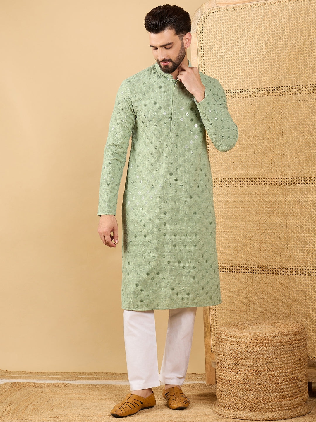 Ethnic Bay Men Green Viscose Rayon Solid Embroidered Straight Kurta with Trouser-MKSET1053