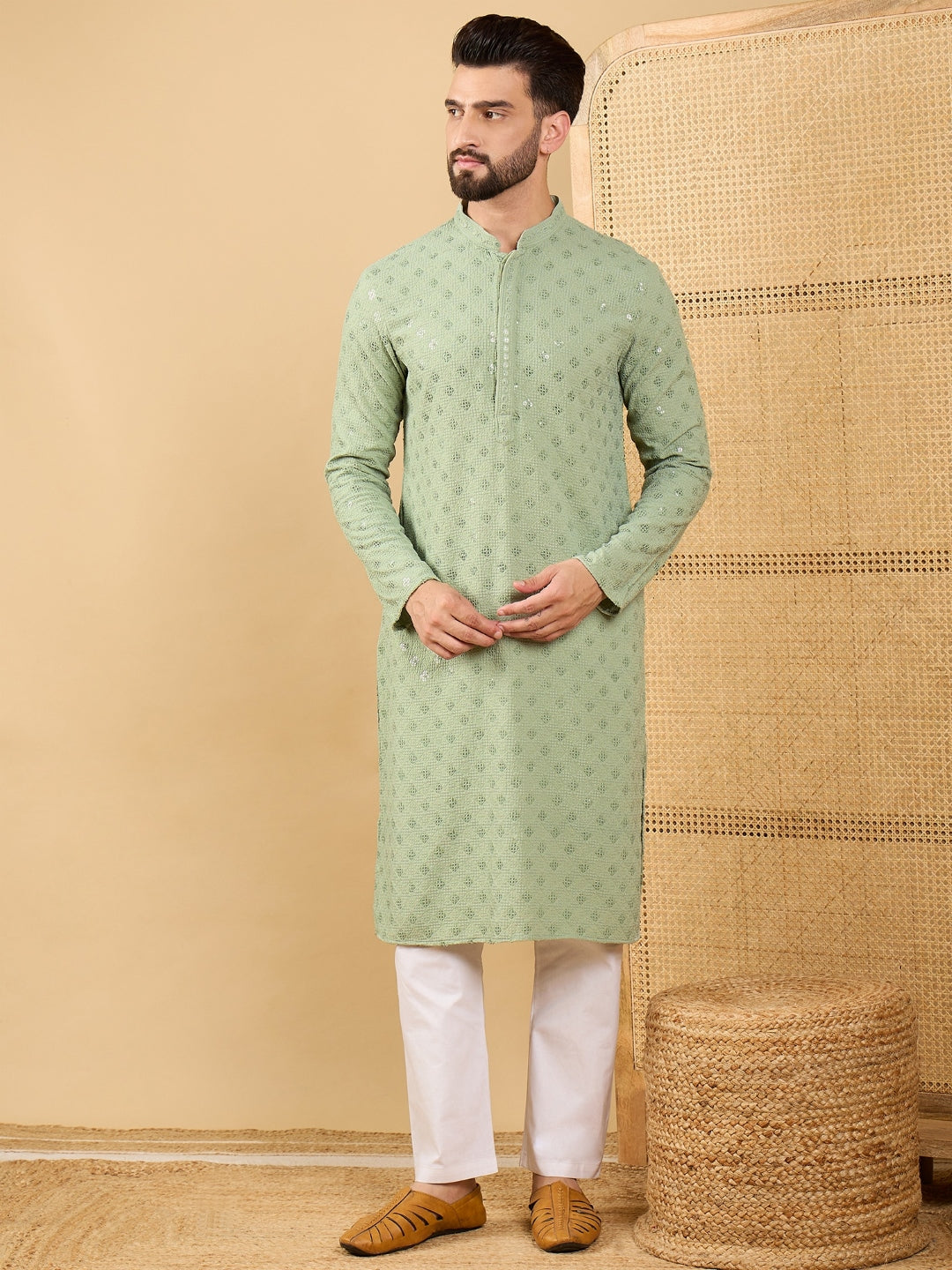 Ethnic Bay Men Green Viscose Rayon Solid Embroidered Straight Kurta with Trouser-MKSET1053
