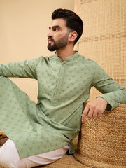 Ethnic Bay Men Green Viscose Rayon Solid Embroidered Straight Kurta with Trouser-MKSET1053