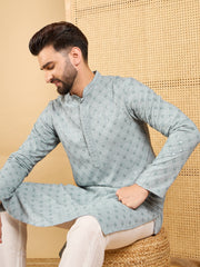 Ethnic Bay Men Grey Viscose Rayon Solid Embroidered Straight Kurta with Trouser-MKSET1054