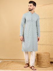 Ethnic Bay Men Grey Viscose Rayon Solid Embroidered Straight Kurta with Trouser-MKSET1054