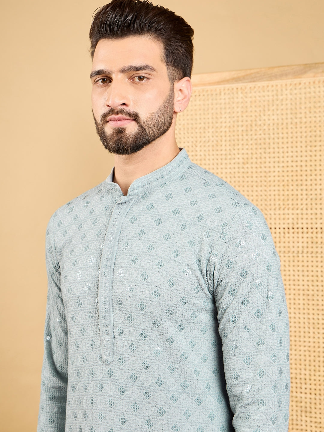Ethnic Bay Men Grey Viscose Rayon Solid Embroidered Straight Kurta with Trouser-MKSET1054
