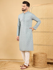 Ethnic Bay Men Grey Viscose Rayon Solid Embroidered Straight Kurta with Trouser-MKSET1054