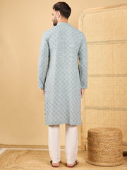 Ethnic Bay Men Grey Viscose Rayon Solid Embroidered Straight Kurta with Trouser-MKSET1054