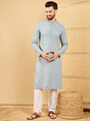 Ethnic Bay Men Grey Viscose Rayon Solid Embroidered Straight Kurta with Trouser-MKSET1054