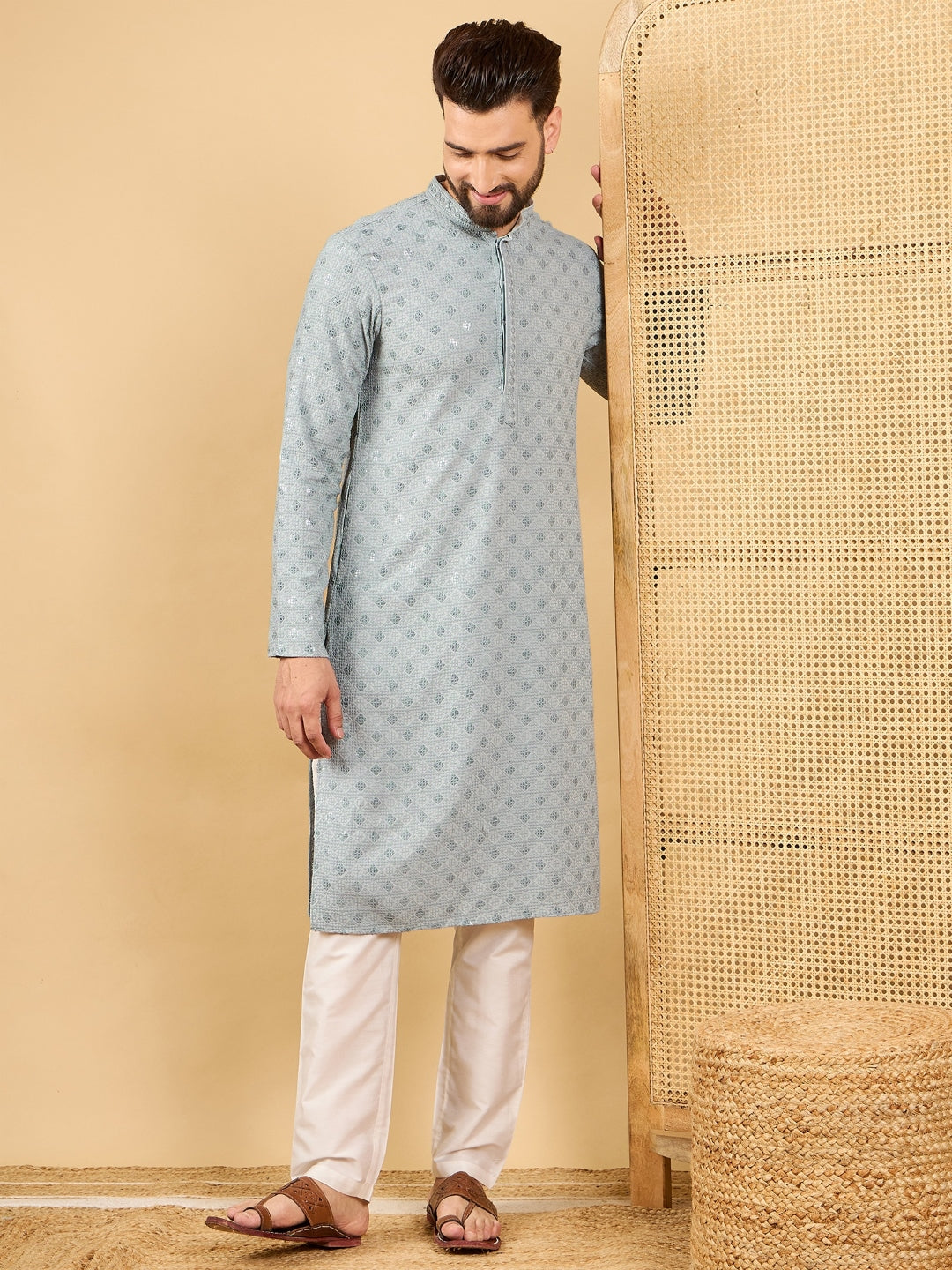 Ethnic Bay Men Grey Viscose Rayon Solid Embroidered Straight Kurta with Trouser-MKSET1054