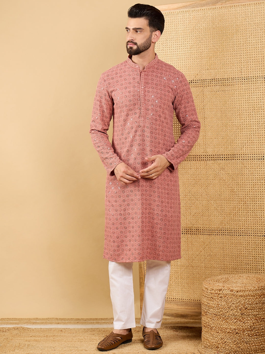 Ethnic Bay Men Rust Viscose Rayon Solid Embroidered Straight Kurta with Trouser-MKSET1055
